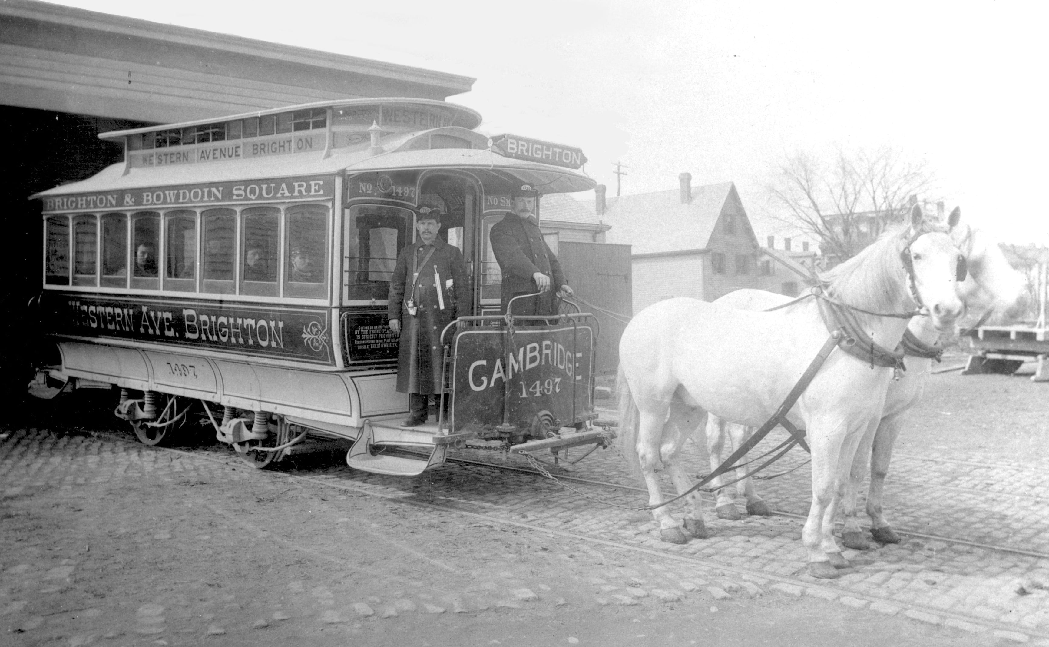 Image of West End Street Railway Co. Horsecar #1497 at Washington Street Car House, Brighton