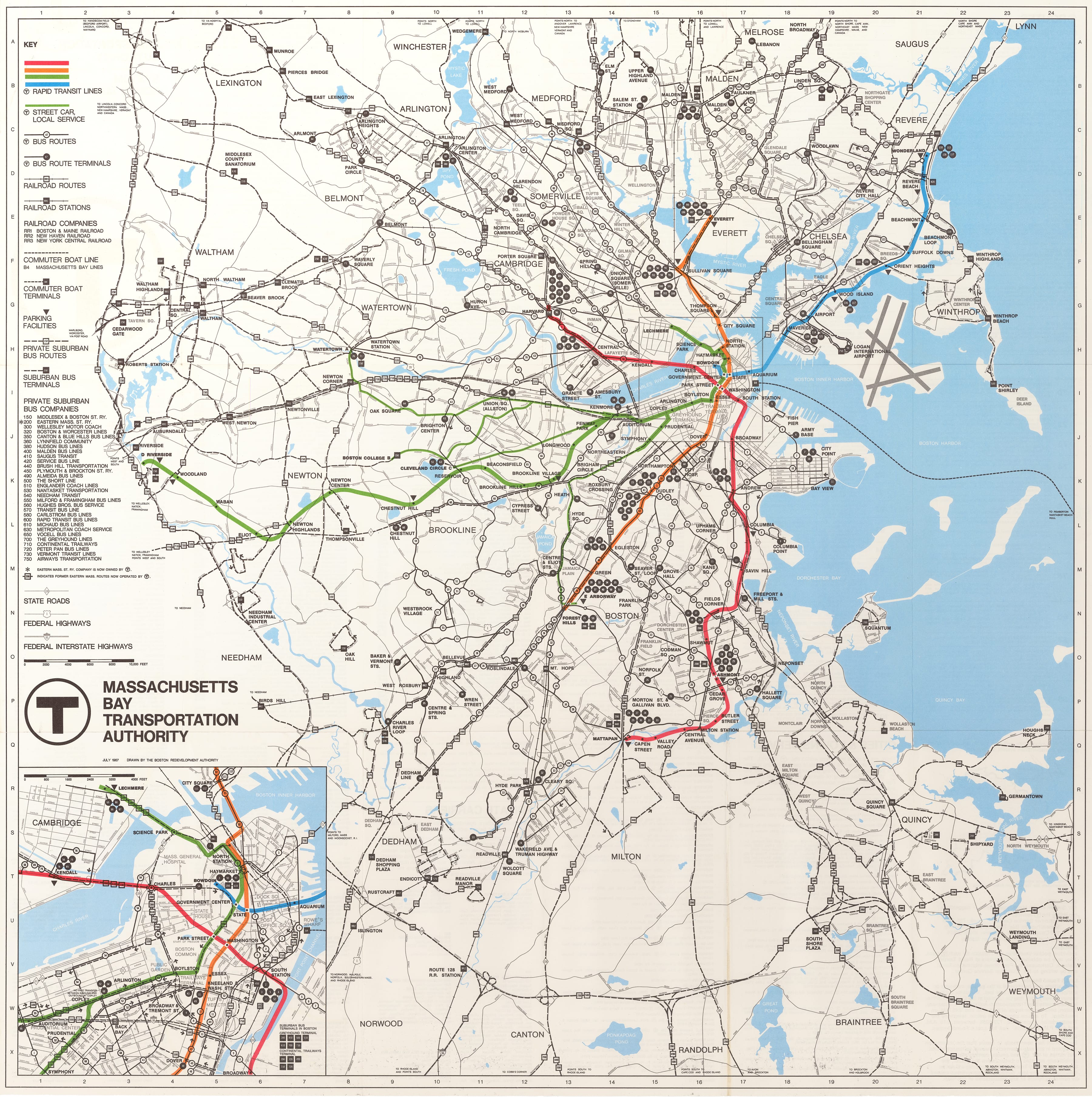 1967 Massachusetts Bay Transportation Authority map showing the full transportation system