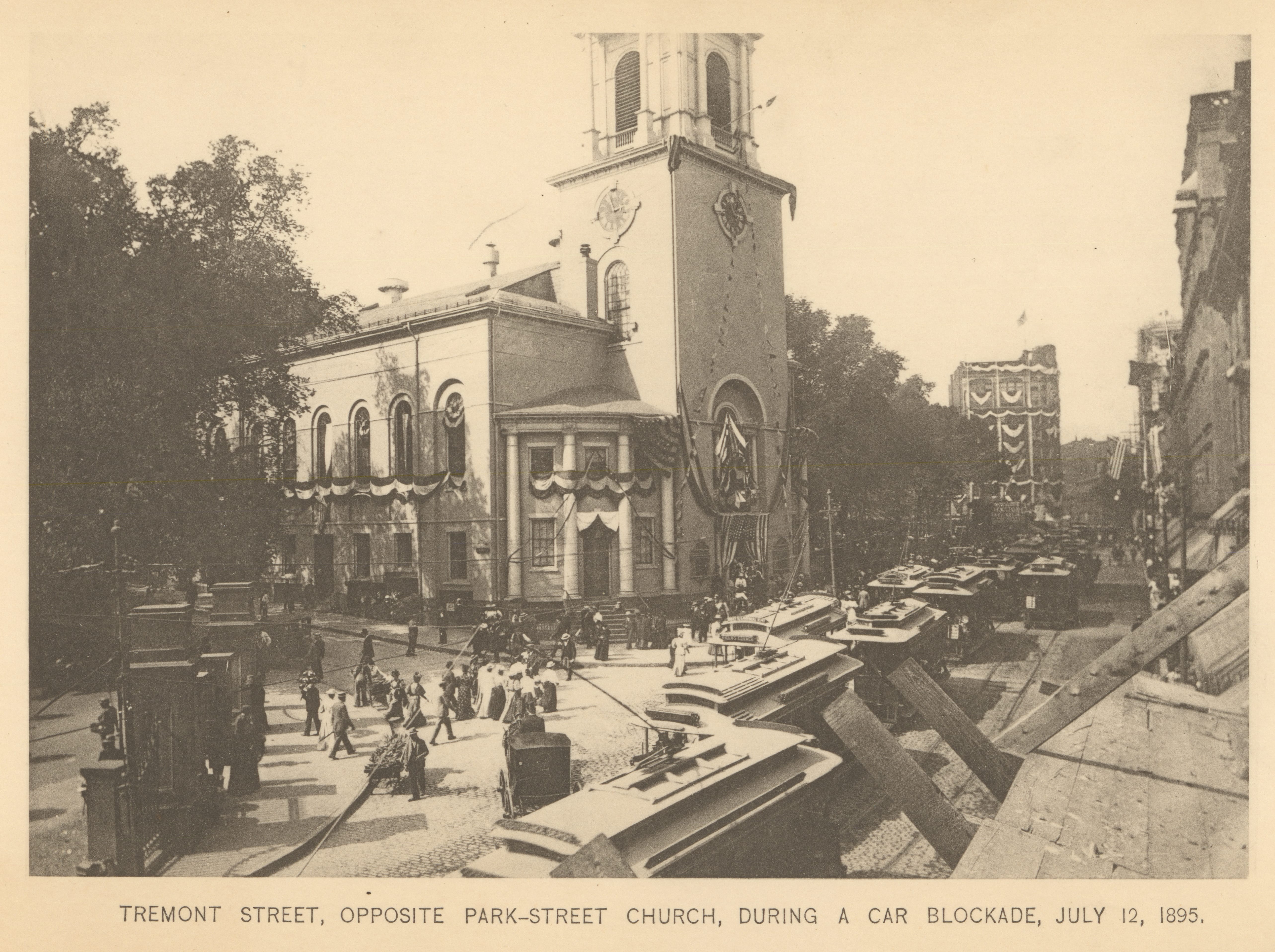 Image of “Tremont Street, Opposite Park-Street Church, During a Car Blockade, July 12, 1895” from “First Annual Report of the Boston Transit Commission”