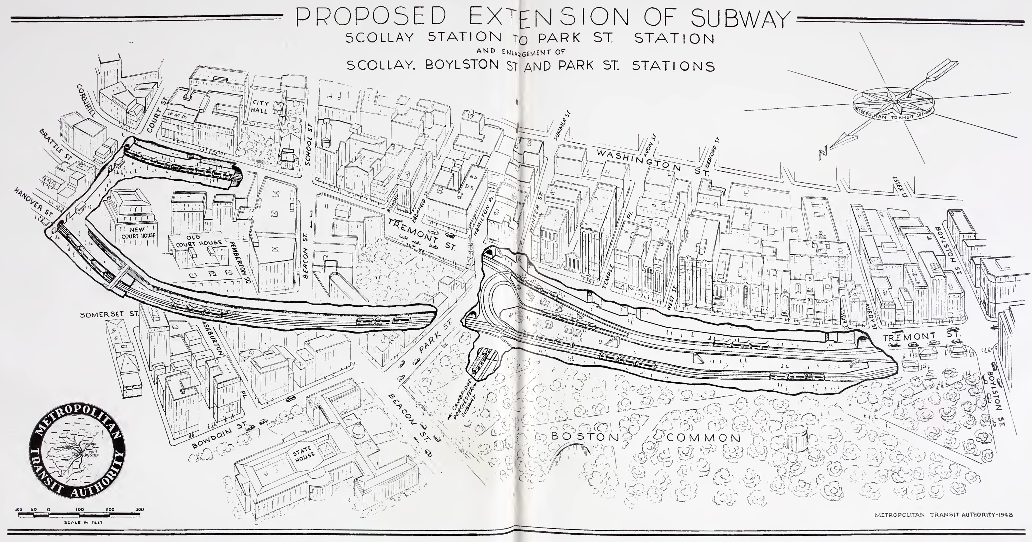 Image of “Proposed Extension of Subway: Scollay Station to Park St. Station and Enlargement of Scollay, Boylston St. and Park St. Stations” from “First Annual Report of the Board of Public Trustees of the MTA”