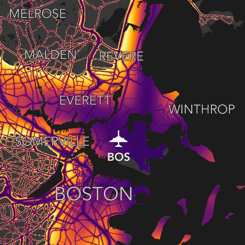 Excerpt from National Transportation noise map, areas in purple are over 70 decibels