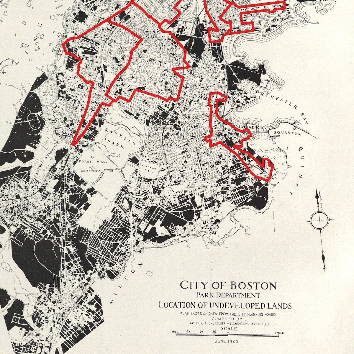 Image of _Location of Undeveloped Lands_ with boundaries from _Residential Security Map of Boston, Mass._