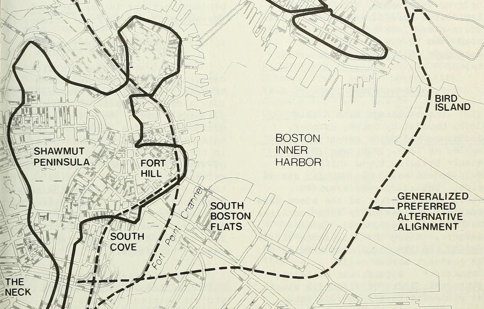 A map overlaying the routes of the Central Artery and Third Harbor Tunnel atop Boston&rsquo;s seventeenth-century shoreline, from the project&rsquo;s 1985 environmental impact statement