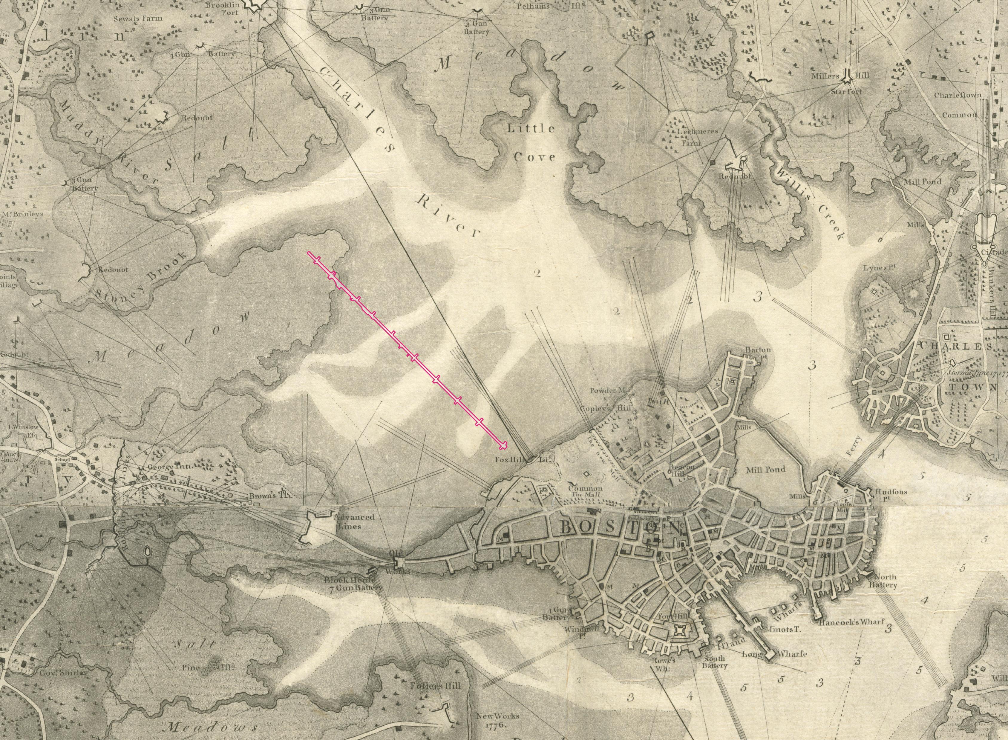 Boylston Street superimposed atop an excerpt from the 1777 [Pelham map of Revolutionary War-era Boston], before the Back Bay neighborhood was filled