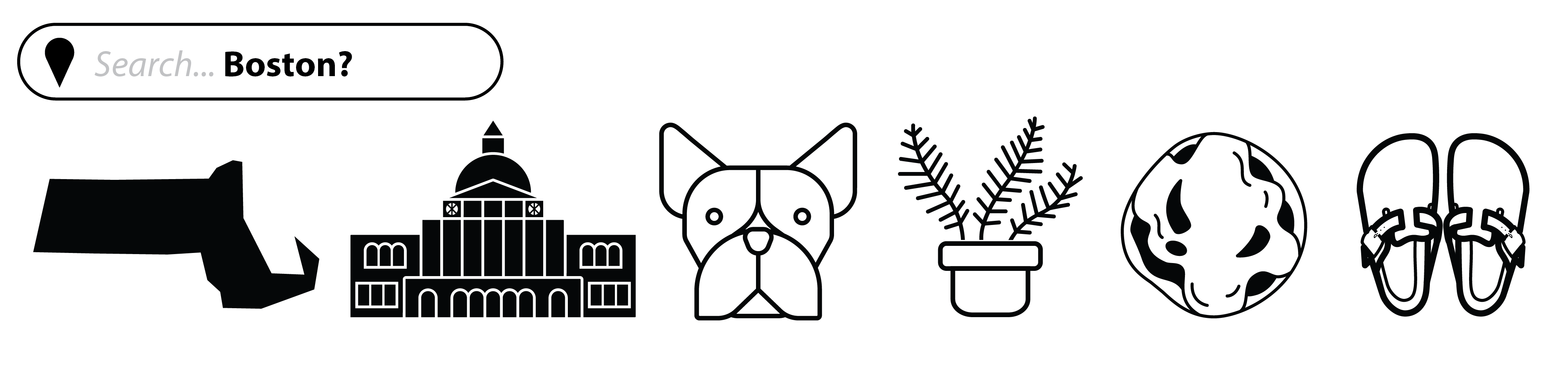 Example icons accompanied by an illustration of a search bar with the text Search Boston