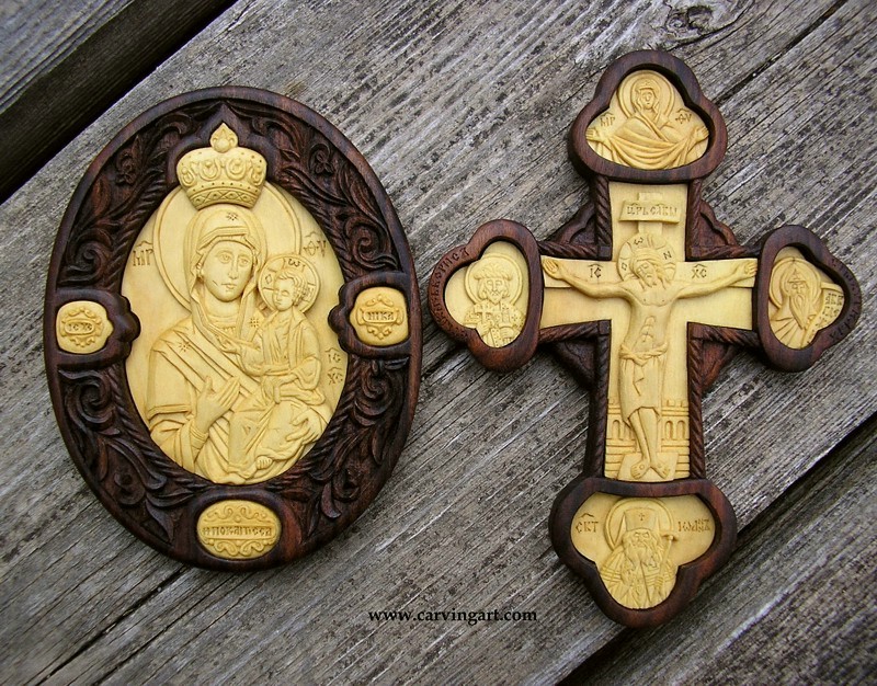 Wooden Panagia. 2 5/8" x 3 3/8". Wooden Cross 3" x 4"