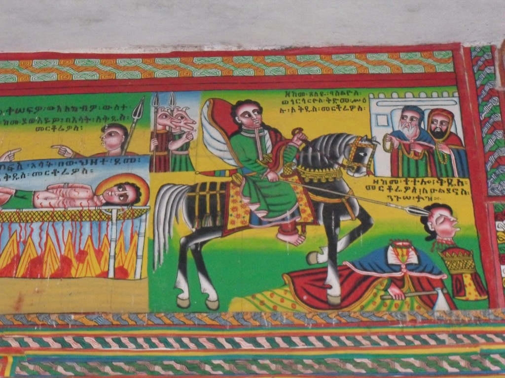 The tradition of St-Mercurios is alive and well in Ethiopia, where I documented these contemporary images of st-Mercurios and his two companions on the outside of a church”