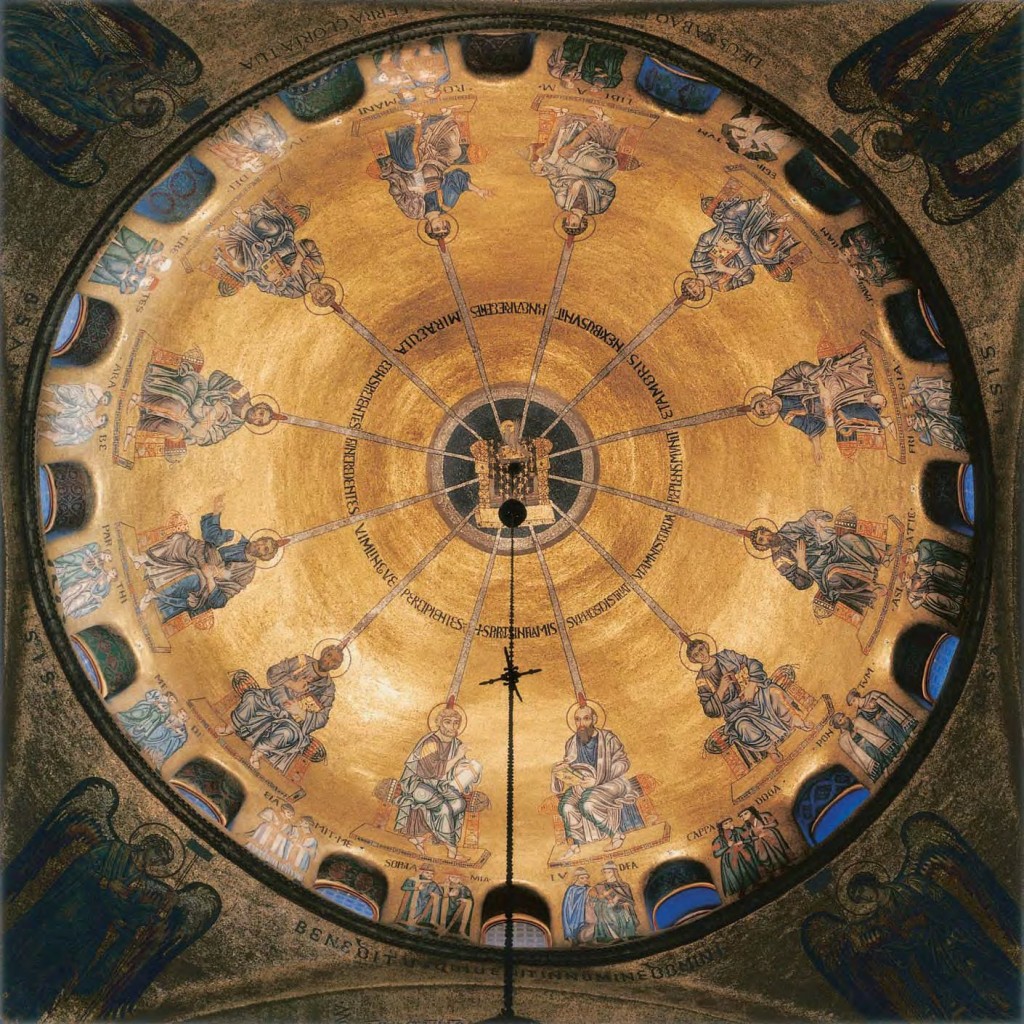 The descent of the Holy Spirit upon the Apostles at Pentecost. Interior of a dome at the 9th-century Basilica of St. Mark, Venice. 12th century mosaic of gold, bronze and other precious materials
