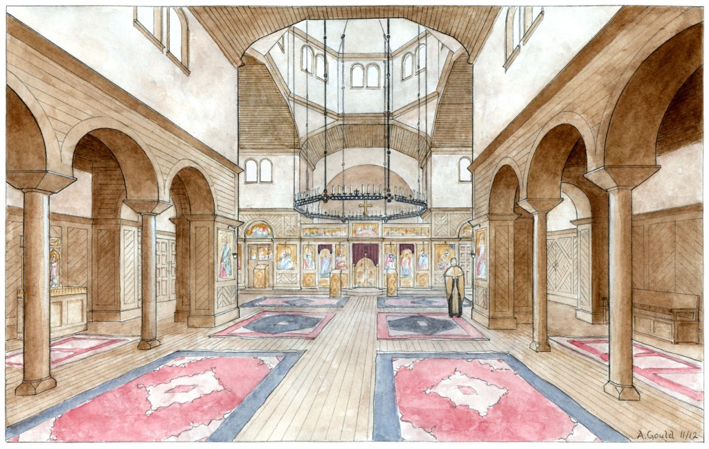 The innovative interior makes use of tongue and groove boards for a Byzantine-inspired wooden revetment.