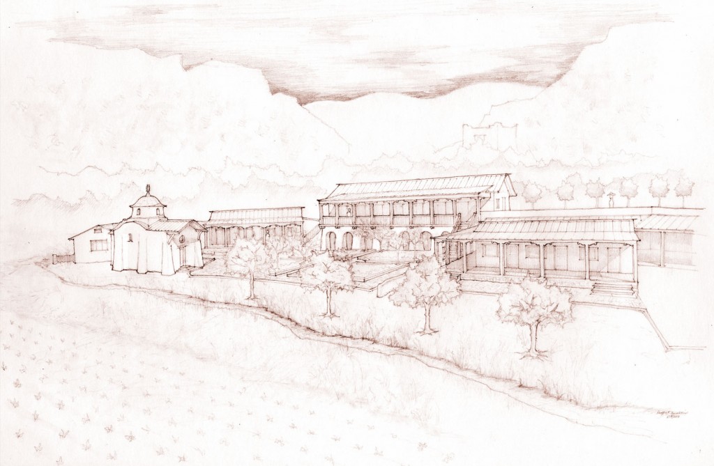 A rendering of the proposed master plan. The one-story buildings are existing (the one on the left is a 200-year-old adobe farmhouse). The chapel, two-story buildings, and gardens, are proposed.