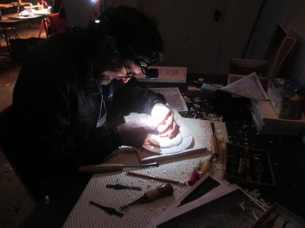 Steve Crider working hard on his icon late into the darkness.