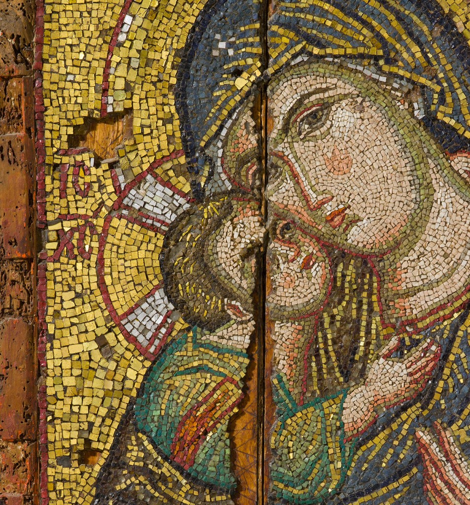 Detail of Mosaic icon of the Virgin Episkepsis, late 13th century glass, gold, and silver tesserae overall: 107 x 73.5 cm (42 1/8 x 28 15/16 in.) Byzantine and Christian Museum, Athens