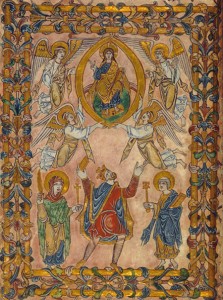 Circa 966: Cover from Charter for the dedication of New Minster, a Benedictine Abbey in Winchester England - King Edgar in supplication before Christ in majesty