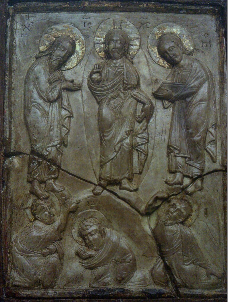 Icon of the Transfiguration of Our Lord, second half of the 13th century, demonstrating the use of pale green steatite with traces of gold, Holy Monastery of Xenophon, Mount Athos