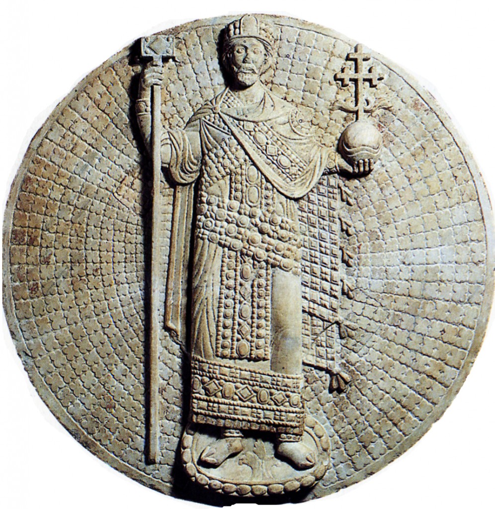 The pictorial features found in the relief from Syria are also evident here within the context of Byzantine art. The emperor is represented not as an ordinary man but rather in the majesty of his office, which iconizes within the civil sphere the cosmic ruling authority of the Pantocrator. Here the language of sacred art serves both a religious and political function in the integrated society of Byzantium.