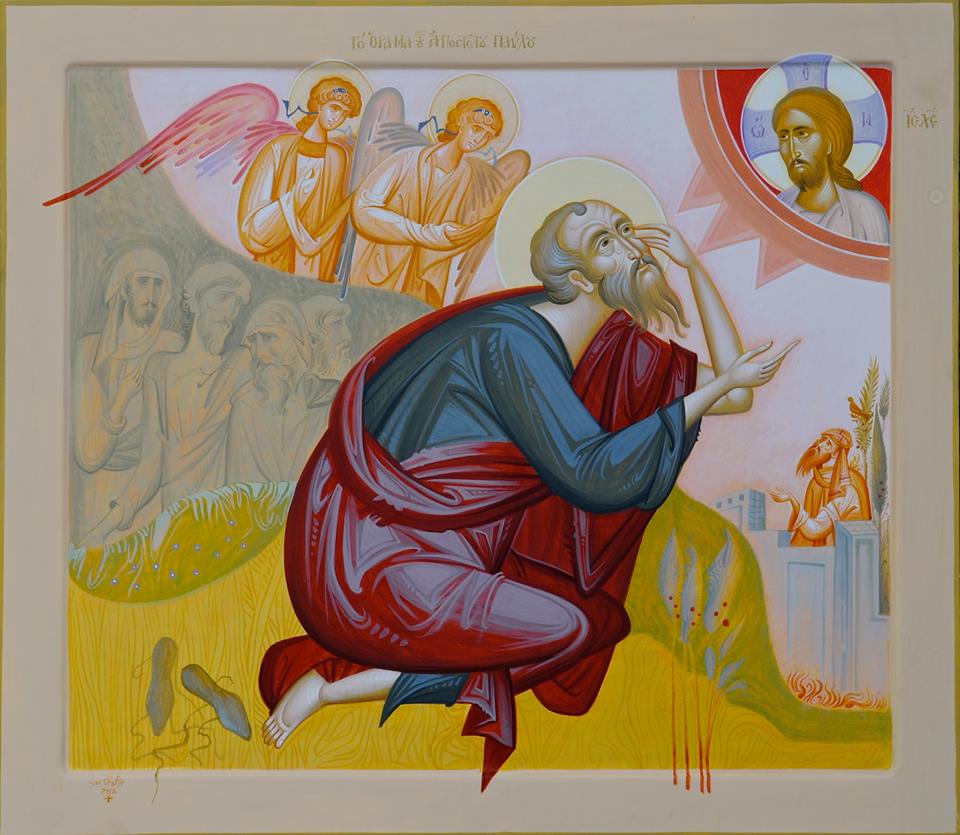St. Paul's Vision on the Road to Damascus, by George Kordis. Contemporary icon. In this icon can be seen the confluence of traditional pictorial forms, along with the revalorization of 20th century painting. That is, we see some aspects of the Byzantine style and Romanesque "mannerism," along with the use of flat and broad fields of color reminiscent of Van Gogh and 20th century abstraction. All of this tends to have a sense of "expressionist" vigor, wish clearly conveys the sense of dynamic and transformative encounter of the sacred event.