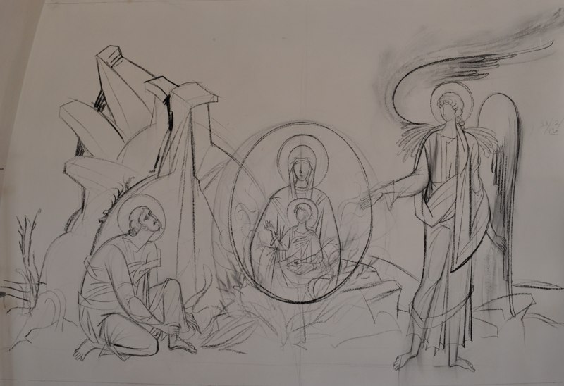 George Kordis, Moses Encountering the Burning Bush. Preparatory drawing on a wall of the Fanerwmeni Church, Greece.