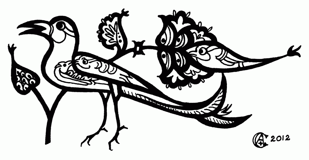 Ornament derived from the Gladzor Gospel, drawn in ink by Christabel Anderson