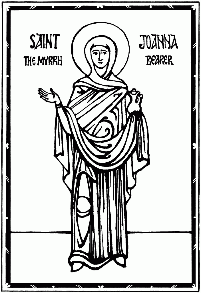 St. Joanna, originally drawn in sepia and quill pen on vellum by Christabel Anderson, digitally adapted to a monochrome graphic.