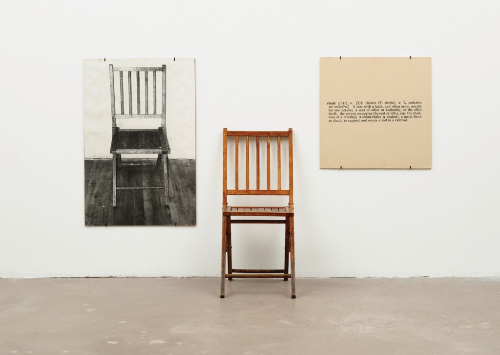Joseph Kosuth, One and Three Chairs, 1965. Comment: Kosuth would develop further the ideas of Duchamp and become one of the leading representatives of Conceptualism by the late 60s and 70s. In this work we see him taking the idea of the "readymade" in another direction, treating it as a philosophical inquiry into ontology, semantics and the nature of representation.