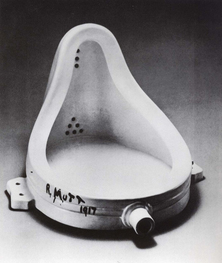 Fountain, Marcel Duchamp, 1917. This urinal, signed under the pseudonym R.Mutt, was submitted to an open exhibition but rejected, without a doubt to Duchamp's delight. It has ever since become one of the most famous, and to some infamous, of Duchamp's "Readymades." It would come to play a major role in the development of Conceptualism. In a short essay , published in The Blind Man, NY, 1917, Duchamp says , " Whether Mr. Mutt with his own hands made the fountain or not has no importance. He CHOSE it. He took an ordinary article of life, placed it so that its useful significance disappeared under a new title and point of view-created a new thought for that object."
