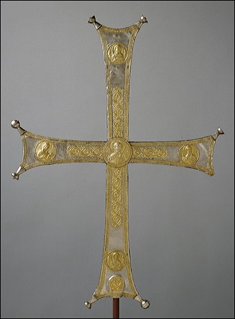 6th-century Byzantine processional cross, gilded silver foil over an iron core.