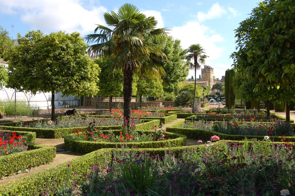 A Western European garden which recalls the cross-in-square archetype of paradise. Alcazar Palace, Cordoba, Spain