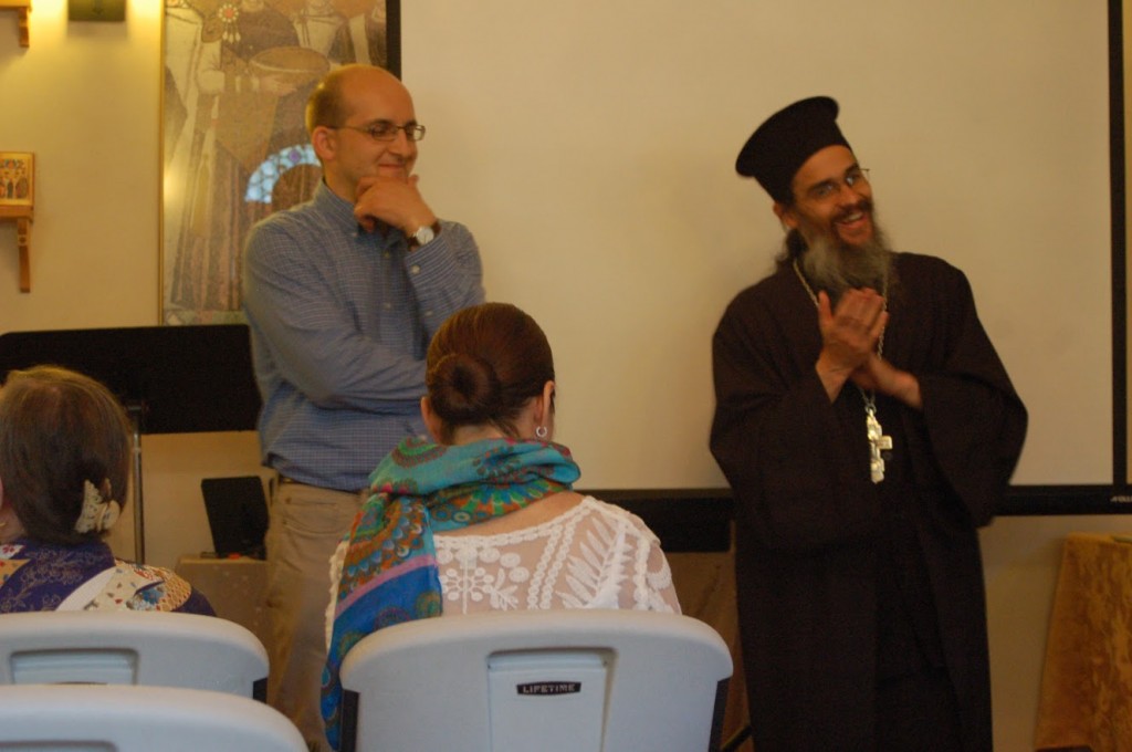 Philip Davydov and Fr. Silouan answering questions before vespers