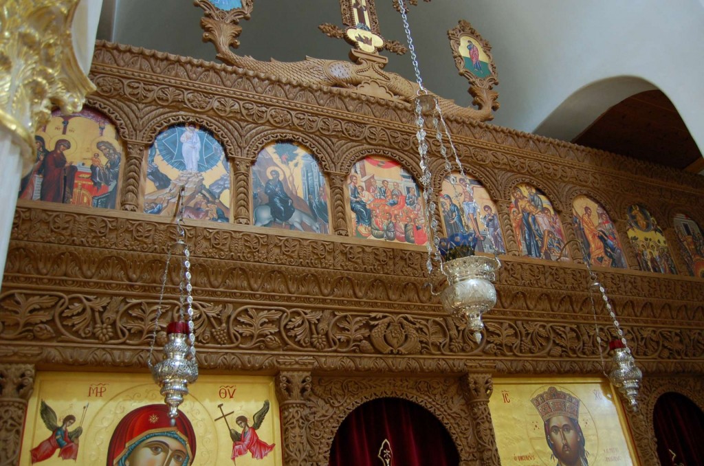 An exquisitely carved modern Greek iconostasis at Saint Anthony Monastery, Arizona