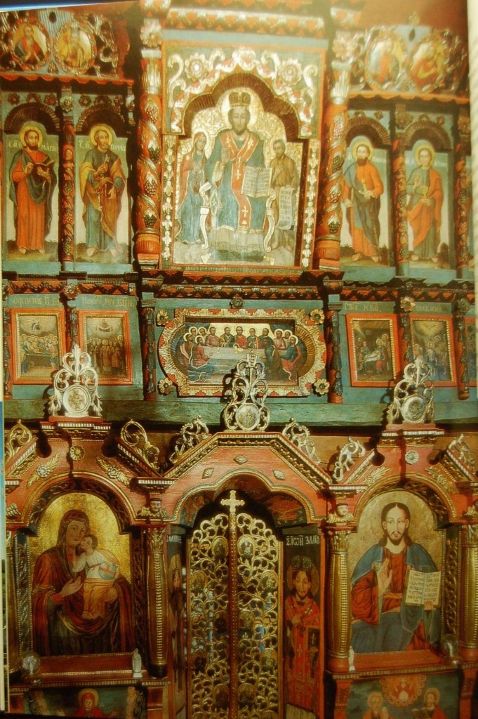 An charming painted iconostasis in a Carpatho Russyn log church, Slovakia.