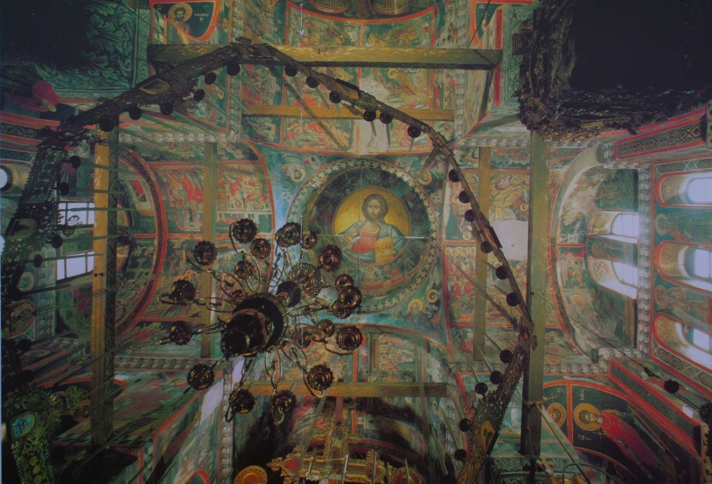 Stavronikita Monastery, Mount Athos, showing the eight sided choros and the single chained chandelier which are swung at key points in the worship.