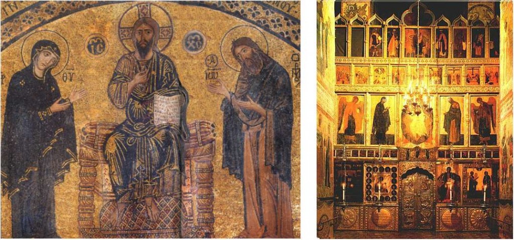 Examples of historical Deisis compositions: A Mosaic at Vatopedi, Mt. Athos, and the iconostasis of Annunciation Cathedral at the Moscow Kremlin.