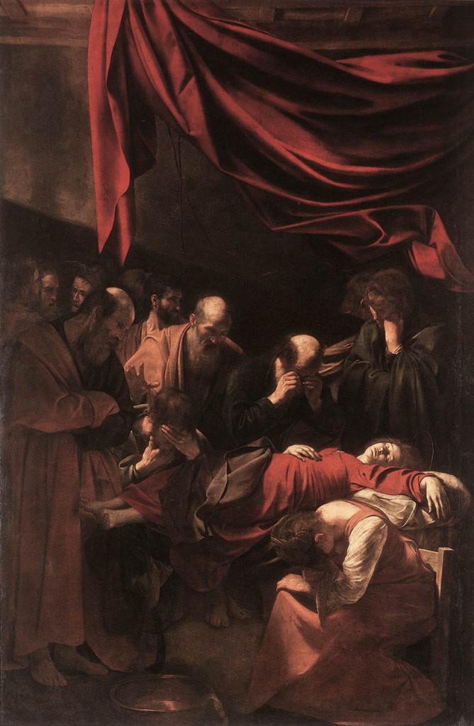 Dormition of the Virgin, by Michelangelo Merisi da Caravaggio, Oil on canvas, 1604-1606. 145 in. × 96 in. Louvre, Paris, France. The "proto-Baroque" illusionism of Caravaggio.