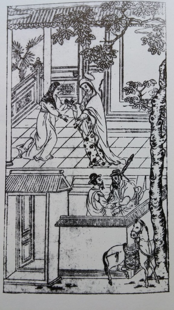 The same scene as above "in Chinese style" in Giovanni da Rocha, Metodo del Rosario, 1620. Ironically the colonizers became colonized. Seeing that perspectival representation was not working the Jesuits opted to adopt the Chinese methods of representation. As M. Scolari notes, "For Chinese culture, parallel projection was a sort of symbolic form, profoundly rooted in a pictorial experience that knew almost no interruption until the recent past. Changing the way of seeing, and therefore of representating, meant changing the mode of thinking, which was a futile exercise as long as it was conceived in terms of a conversion from the outside. Additionally, the attempt to institute a single viewpoint contradicted the very roots of Chineese thought, in which man was not the measure of all things." ( M. Scolari, Oblique Drawing, p. 348. See note ii)
