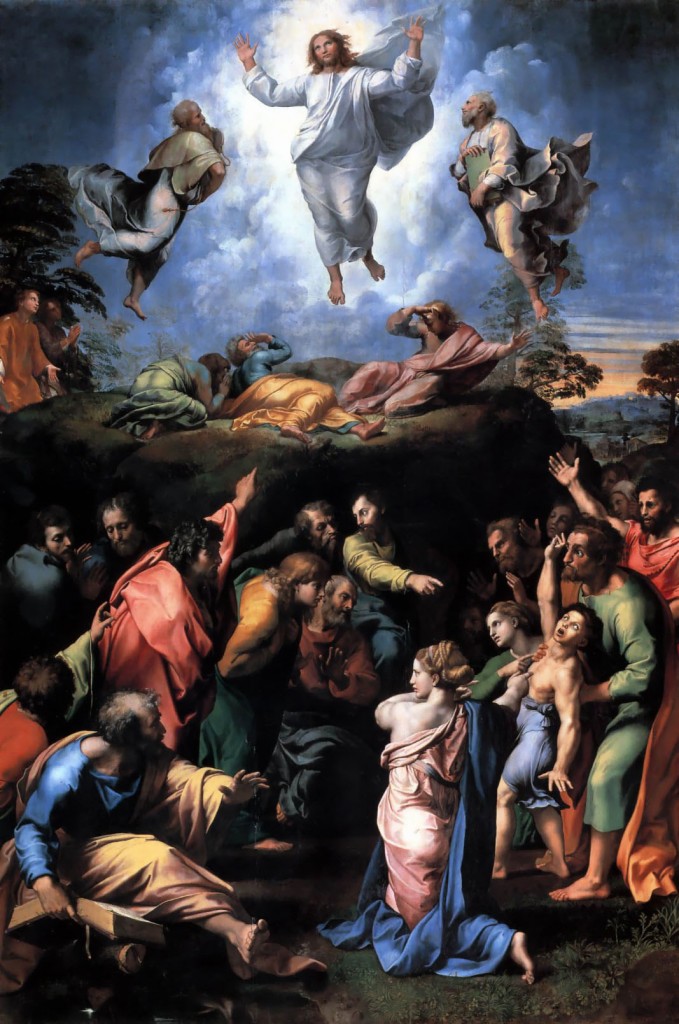 The Transfiguration, by Raphael, 1516-20. Tempera on wood, 159 in. × 109 in. Pinacoteca Vaticana, Vatican City. Exemplary work of the High Renaissance.