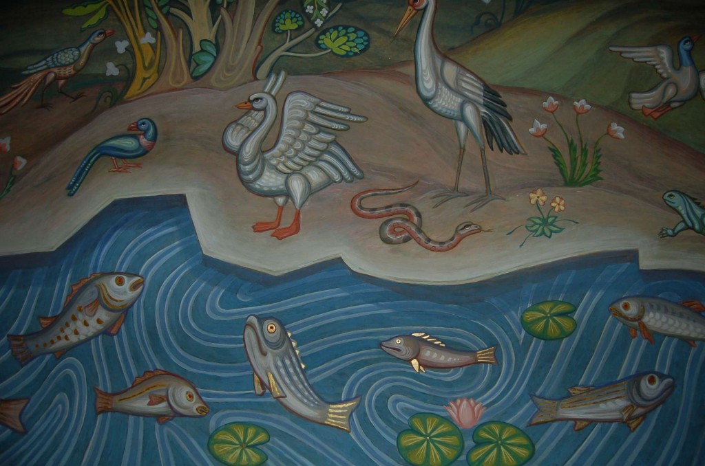 Detail of a mural depicting the Creation, on the upper gallery west wall.