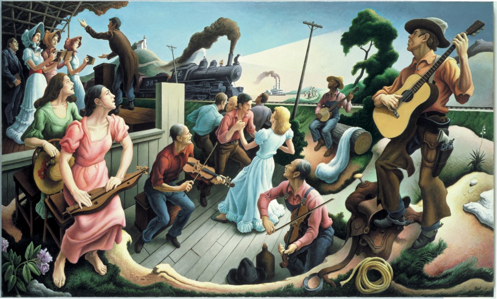 Sources of Country Music by Thomas Hart Benton. A supreme example of American Regionalism. Benton was Pollock's teacher at the Art Student's league and Pollock often said that Benton's teaching gave him something to rebel against.