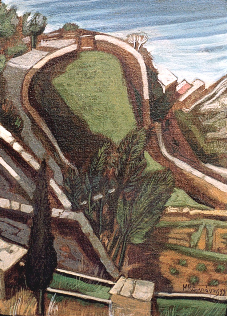 Markos Kampanis, Athos Landscape, Simonos Petra Gardens, 1999. Acrylic on wood, 20 x 14 cm.