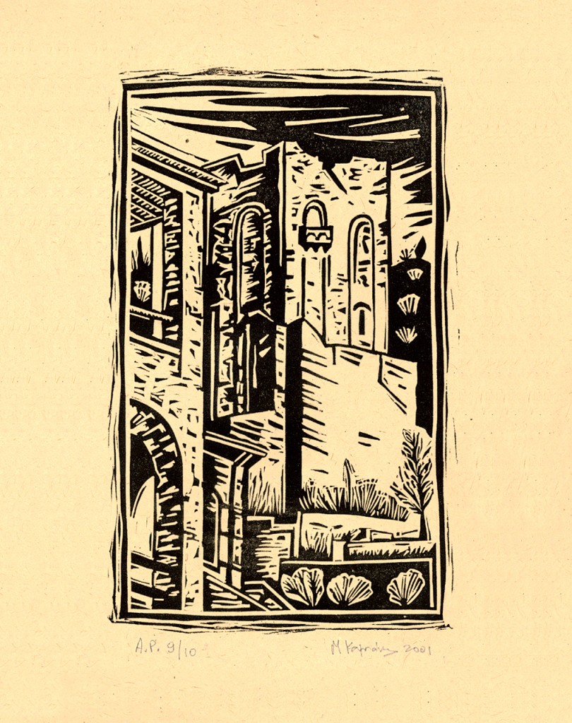 Markos Kampanis, Iveron Monastery, Athos, 2001. Linocut print, 22 x 13 cm.