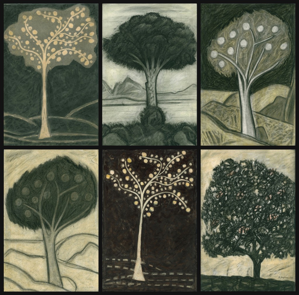 Markos Kampanis, Bridges III, from the series "A Museum of Trees," 2011. Acrylic and pastel on paper and wood, 66 x 66 cm.