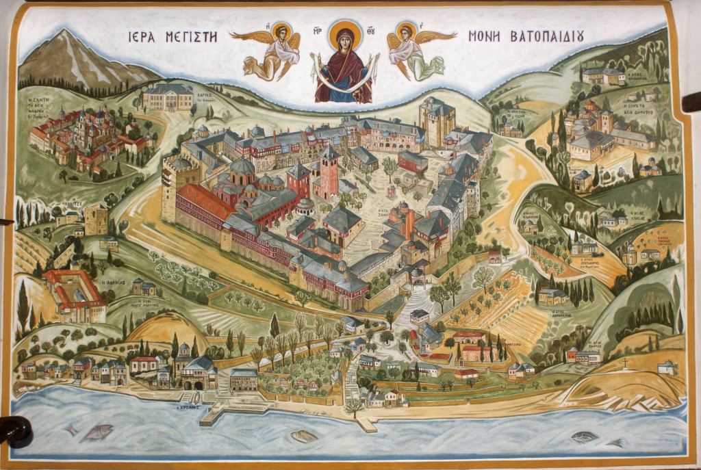 Markos Kampanis, Mural at the entrance of Vatopedi Monastery, Mt. Athos, 2013. 220 x 300 cm.