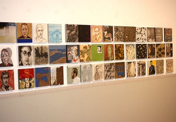 Markos Kampanis, installation of "365" painting series, Athens Art Gallery, Greece, 2013. For this series Kampanis worked painted one work every day for a year. As Kampanis explains: "From May 2012 to May 2013, I painted one piece each day, to add up to the number of days in the year, 365. The only restrictions were the dimensions and the obligation to paint one piece for every day. There are no restrictions in terms of theme, technique or style. This series is not diary-style record of the events of the year, but more of a personal process of recording moods and choices that emerged during my daily work. During this journey, I very rarely planned what I would paint the day after and, even during the course of a single day, the choices and desires were so many that they could, in themselves, provide work for months Daily discipline in painting provided the pleasure that drove me to carry on."