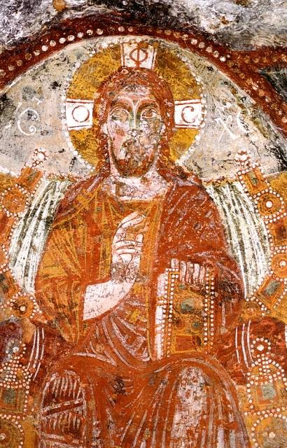 Cruciform Halo with PHOS. Christ Pantocrator, Fresco, Church of Sante Marina e Cristina, Carpignano, Italy, 12th Century.