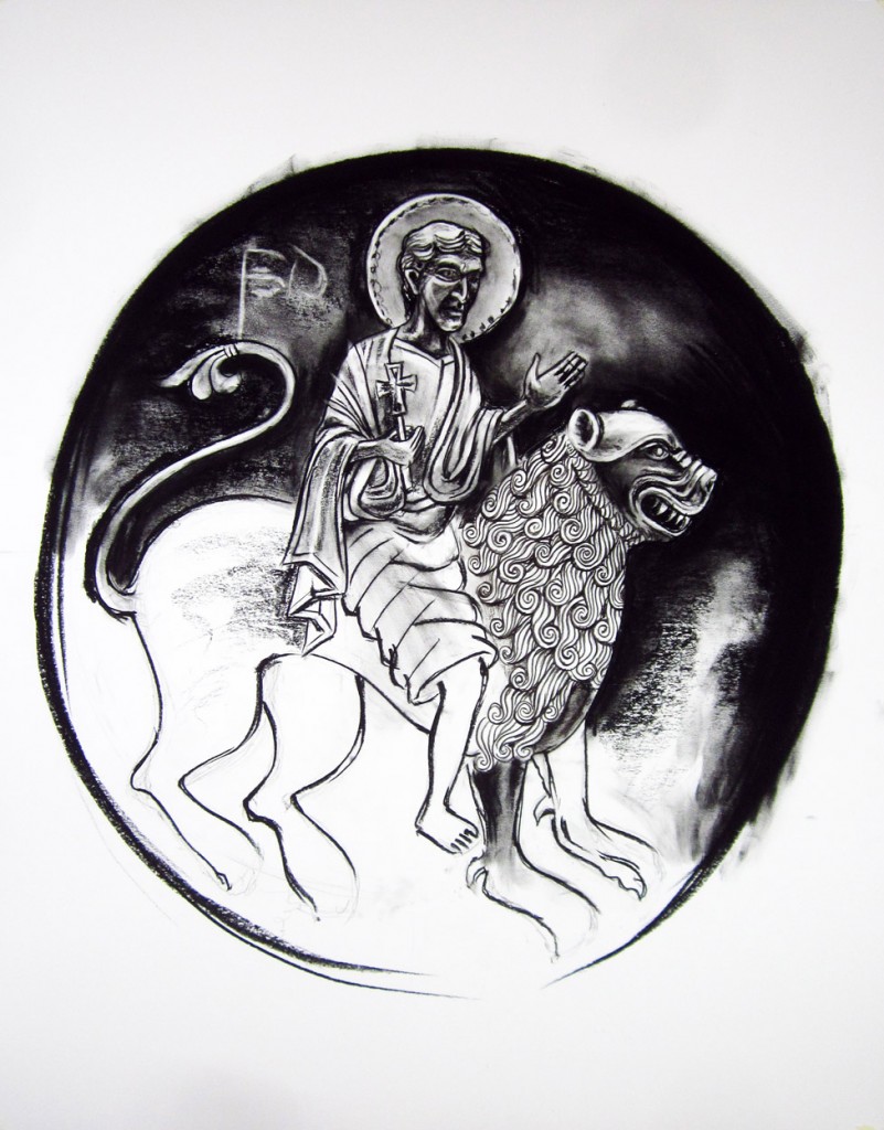 unfinished charcoal drawing of St-Mamas by the author, 22.5 x 28.25" based on a famous Georgian repoussé.