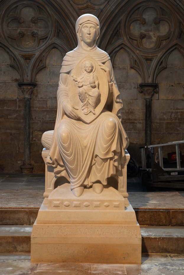 Our Lady of Lincoln, Lincoln Cathedral, U.K. The completed statue, before polychromy, completed by hand carving by Aidan Hart and Martin Earle.