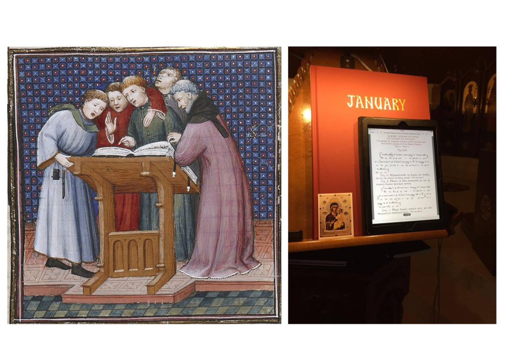 Medieval cantors standing around a large choir book, contrasted with a tablet on an analogion.