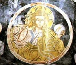 Pantocrator fresco from Ravanica where Christ holds the orb in his left hand. 
