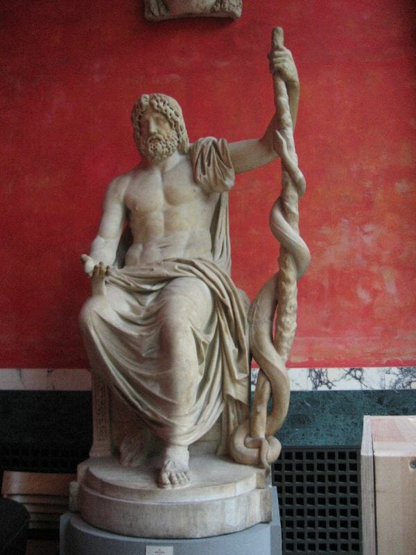 Asclepius hold his rod/staff with a serpent coiled around it. 