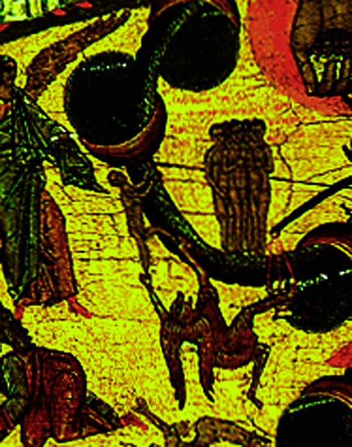 Detail of the Serpent of Tribulation.  A soul attempting to ascend along the tollhouses is pulled down by a demon.  