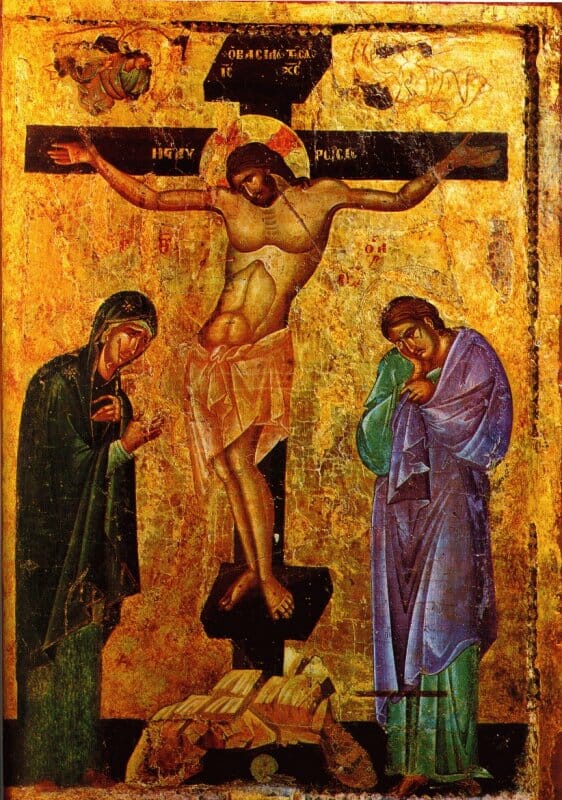 The body of Christ sways to the left and the right on the Cross.  13th century Macedonian icon. 